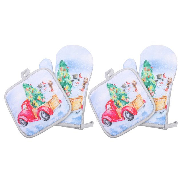 2 Sets Xmas Oven Gloves Table Mats Heat Insulation Gloves Placemats for Kitchen (Assorted Color)