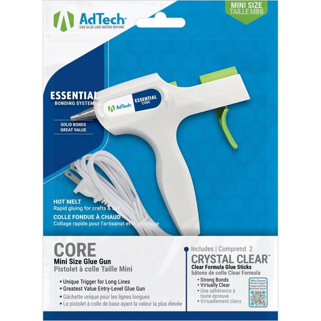 Pistolet à Colle Core mini par AdTech avec Corps Texturé Blanc et Gâchette Verte Alimentée par Pouce, Incluant Cordon d'Alimentation et Deux Bâtons de Colle Transparents, Conçu pour une Fusion Rapide à Chaud dans les Petits Travaux Manuels et Projets de Bricolage avec une Gâchette unique pour Longues Lignes de Colle.