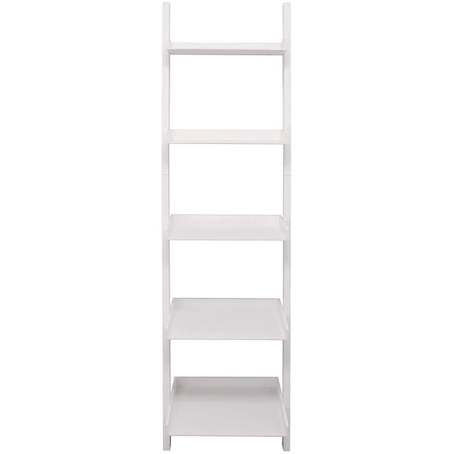 kieragrace Providence Hadfield Leaning Shelf in white, 18 by 67-inch, featuring five tiered shelves with raised edges, made of medium-density fiberboard (MDF) with a smooth white finish, designed to lean against walls for decorative and functional storage in home décor