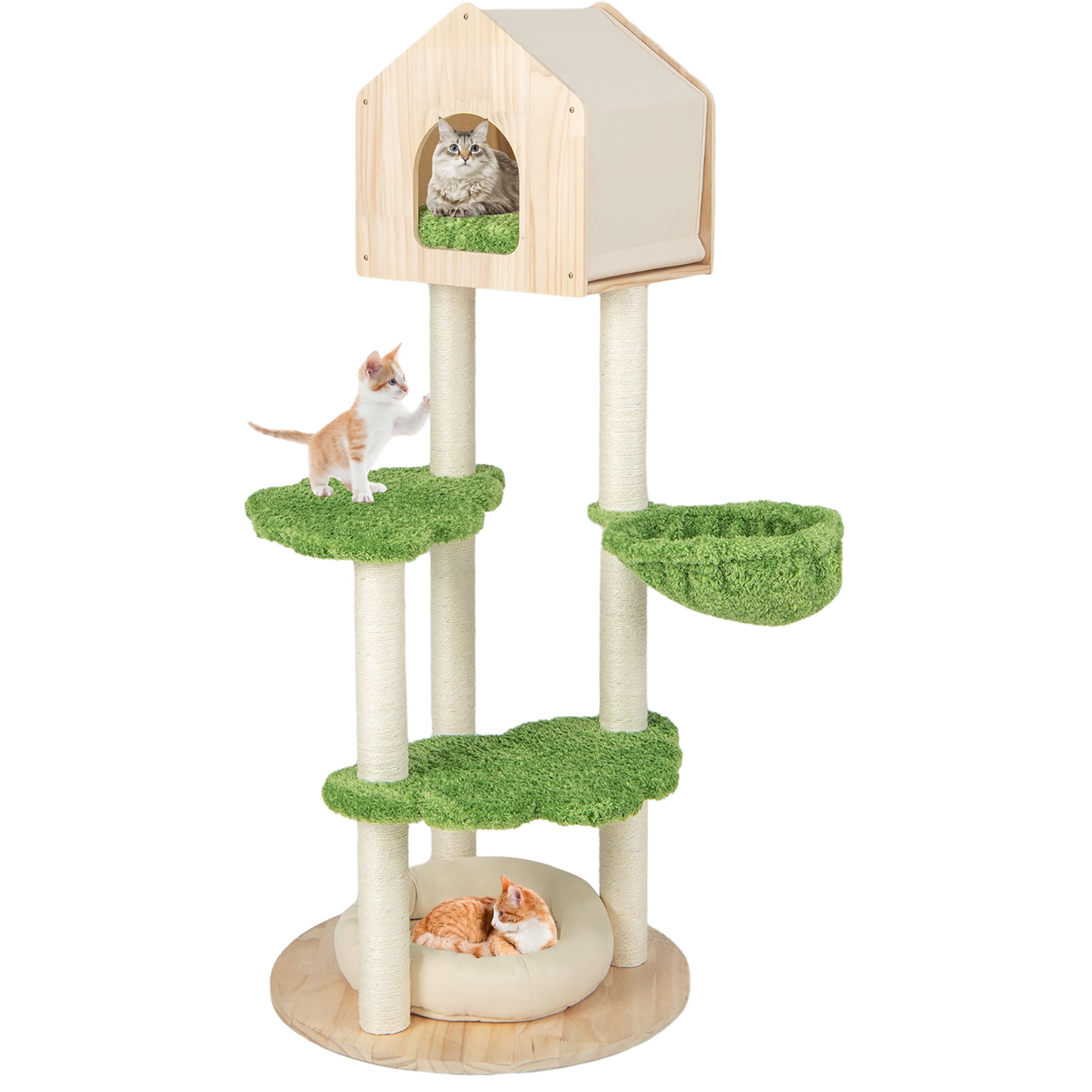 Gymax Wooden Cat Tree 55'' Tall Cat Climbing Stand w/ Sisal Scratching Posts Green