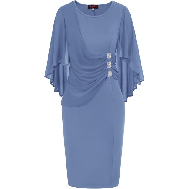 Hanna Nikole Robe à Manches Cape en Mousseline pour Femme, Grande Taille, Flatteuse, à Volants, avec Strass, Robe Crayon