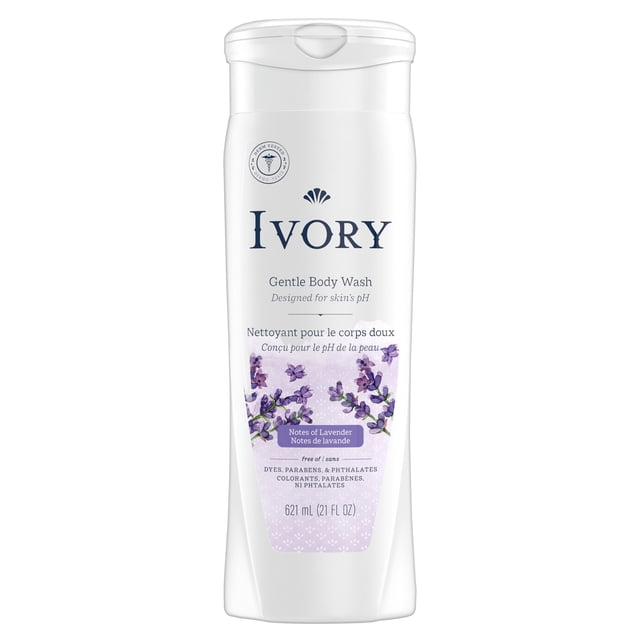 Ivory Mild & Gentle Body Wash, Lavender Scent in a white 621 mL (21 fl oz) plastic bottle with flip-top cap, featuring lavender flower illustrations and text highlighting its gentle, dye-free, paraben-free, and phthalate-free formula designed for skin's pH balance and whole family use.
