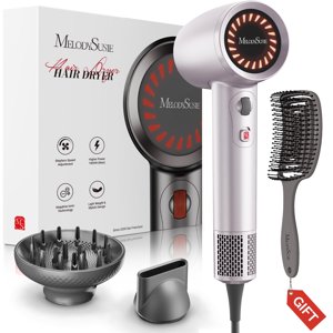 MelodySusie Hair Dryer with Diffuser,1600W Powerful Ionic Blow Dryer with Diffuser,Nozzle and Hair Brush,3 Temps & Stepless Speed,120000 RPM Fast Drying Low Noise Hai