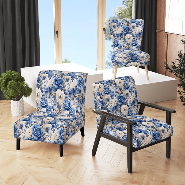 Designart « Élégance Néo-Victorienne : Motif de Roses Bleues II » Fauteuil d'Appoint Rembourré à Motif de Roses Bleues - Fauteuil de Style Champêtre pour Salon