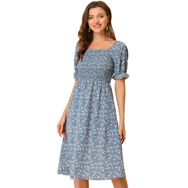 INSPIRE CHIC Robe pour Femme Smockée à Fleurs à Encolure Carrée Manches Courtes Bouffantes Printemps Été Robes Midi Bleu Poussiéreux L