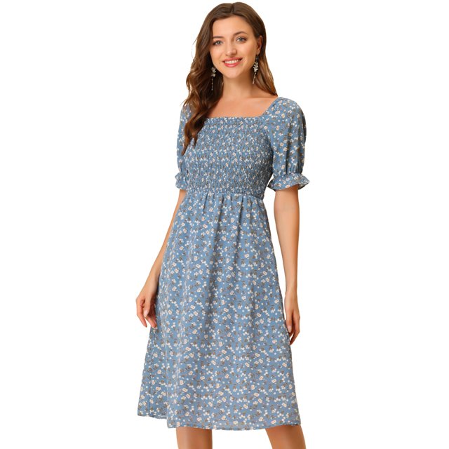 INSPIRE CHIC Robe pour Femme Smockée à Fleurs à Encolure Carrée Manches Courtes Bouffantes Printemps Été Robes Midi Bleu Poussiéreux L