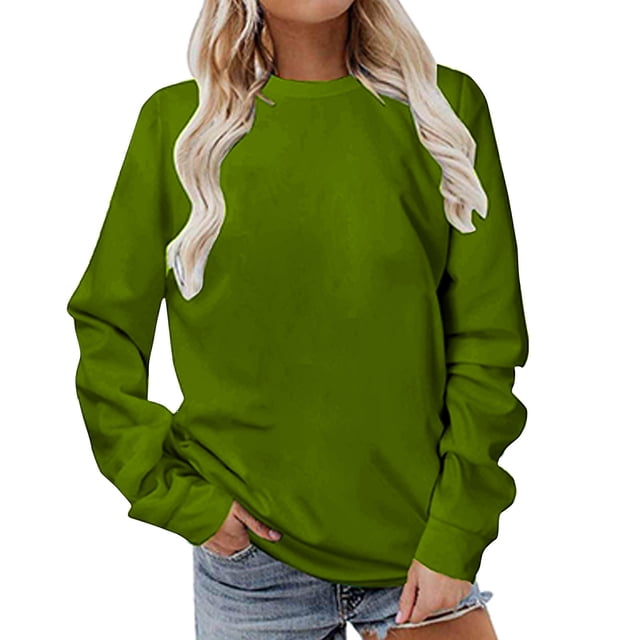 Dagegui Hauts Grande Taille pour Femmes Manches Longues Col Rond T-Shirt Couleur Unie Tunique Chandail Quotidien Vert Armée P