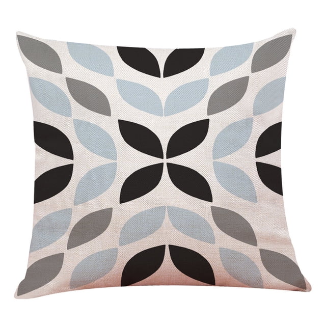 Home Decor Throw Pillow Covers with a simple geometric design featuring multicoloured leaf patterns in black, grey, and blue on a linen blend fabric. This decorative pillow cover measures 45 x 45 cm and is ideal for sofas, beds, or chairs. Pillow insert not included.