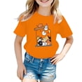thumbnail image 1 of HNMKIU T-Shirt d'Été Décontracté pour Filles avec Imprimé Graphique Mignon, Col Rond, Manches Courtes, T-Shirt Confortable pour Enfants, Orange, 5-6 Ans, 1 of 4