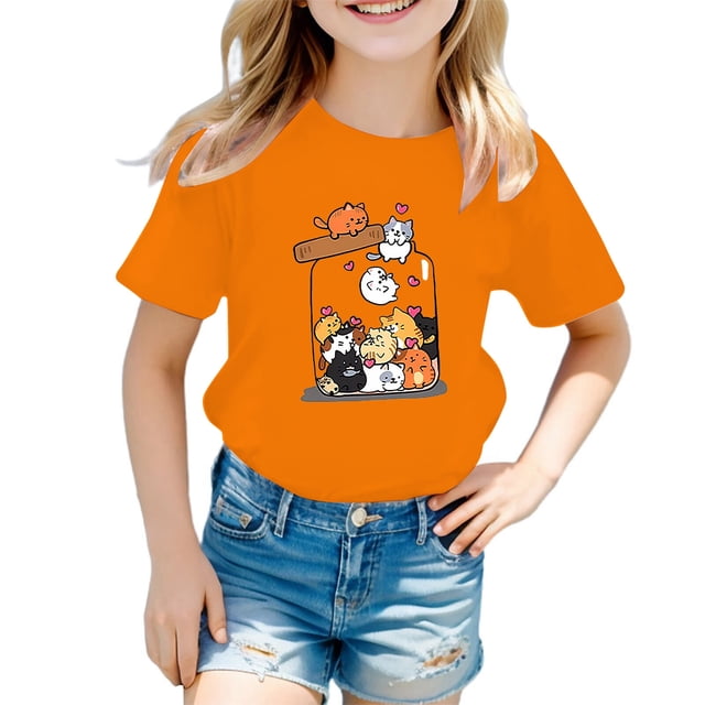 HNMKIU T-Shirt d'Été Décontracté pour Filles avec Mignon Imprimé Graphique Col Rond Manches Courtes T-Shirt Confortable pour Enfants Orange, 9-10 Ans