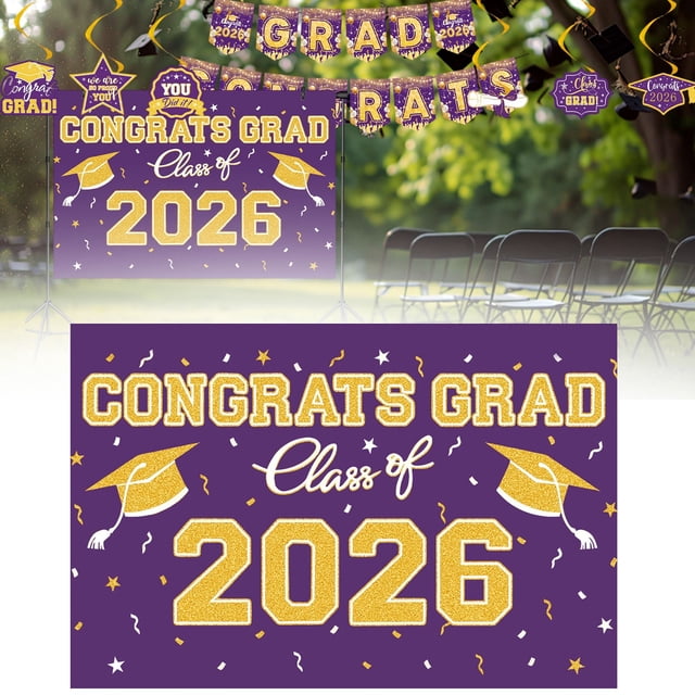 Graduation Decorations 2026 Set Black Gold, Congrats Grad Decor Set with Banner Backdrop Porch Sign,Hanging Swirls Honeycomb Centerpieces Balloons for Grad Party Decorations