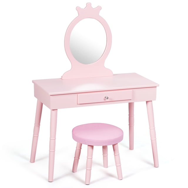 Patiojoy Kids Princess Vanity Table Set w/ Chair Crown Mirror Pink