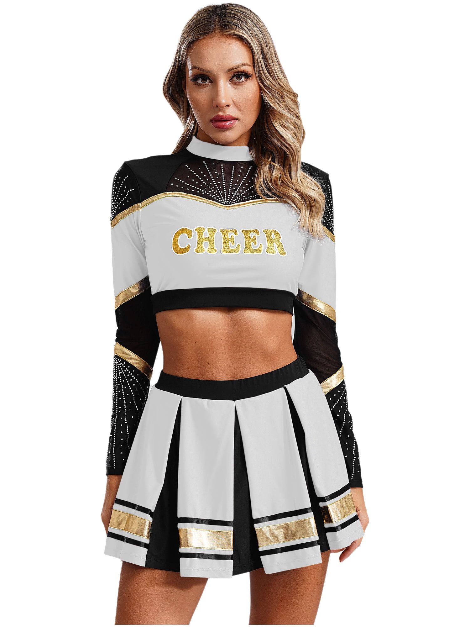 iiniim Costume de Pom-Pom Girl pour Femmes Uniforme de Cheerleading Tenue Robe 2 Pcs Haut Court avec Jupe Mini Plissée Blanc TTG