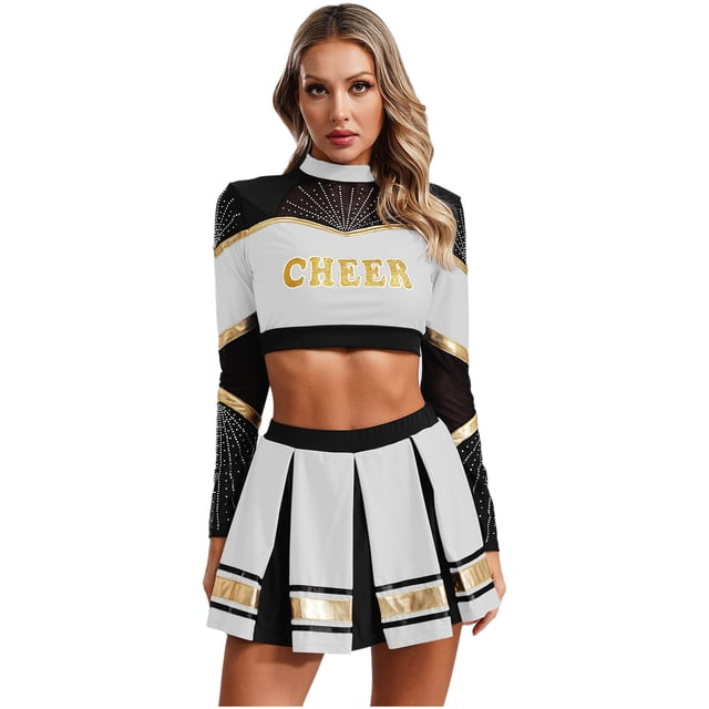 iiniim Costume de Pom-Pom Girl pour Femmes Uniforme de Cheerleading Tenue Robe 2 Pcs Haut Court avec Jupe Mini Plissée Blanc TG