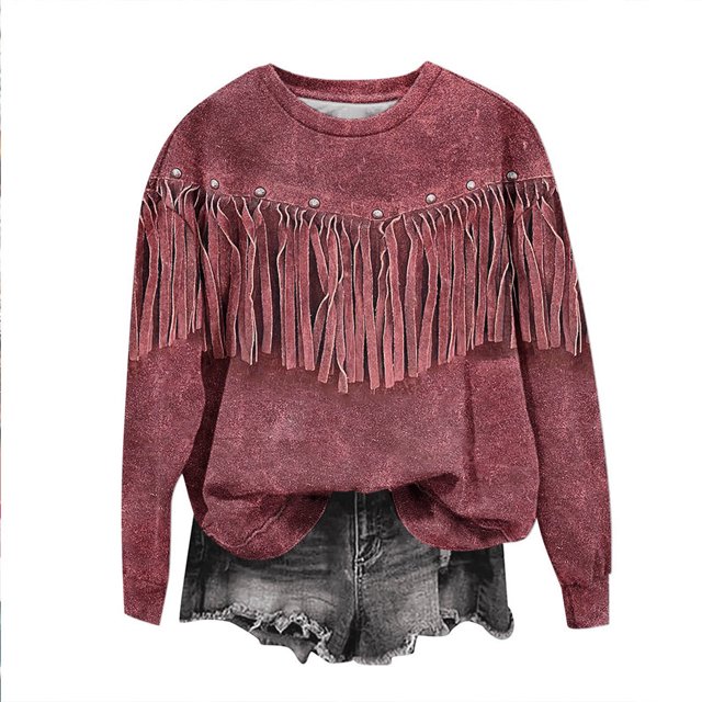 Yuyuzo Sweat-Shirts Oversizes pour Femmes Franges Garniture Chemise Col Rond Tops Manches Longues Pulls Décontractés