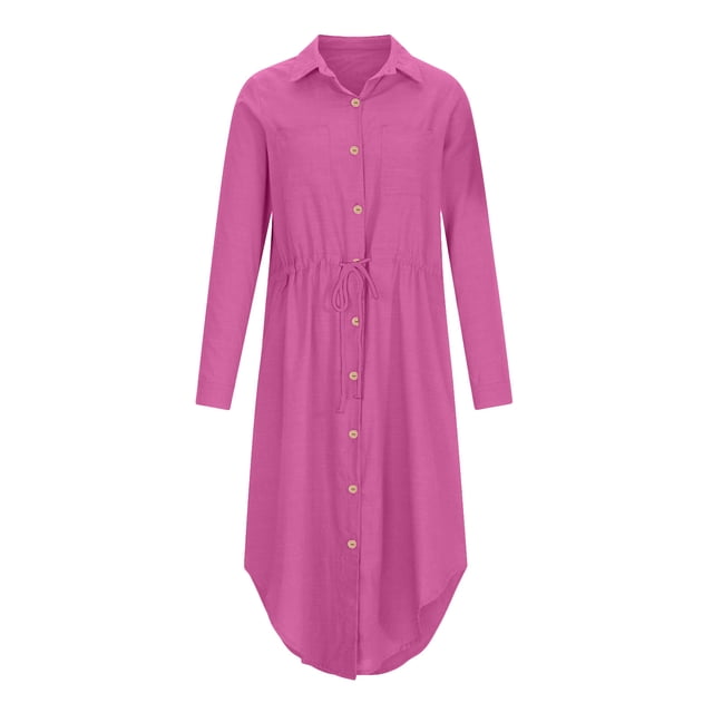 Pisexur Womens Summer Dresses 2024 Cotton Linen Button Down Short Sleeve Shirt Dress Drawstring V Neck Solid Color Formal Dress Casual Tummy Control Flowy Sundress Plus Size S-5XL