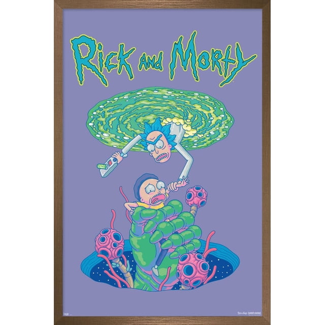 Rick And Morty - Portal Fall Wall Poster, 22.375" x 34" depicting Rick reaching through a green swirling portal with a portal gun to rescue Morty trapped in a large green alien claw with pink suction orbs, set on a purple background framed in brown wood, perfect wall art for home décor and poster collections.