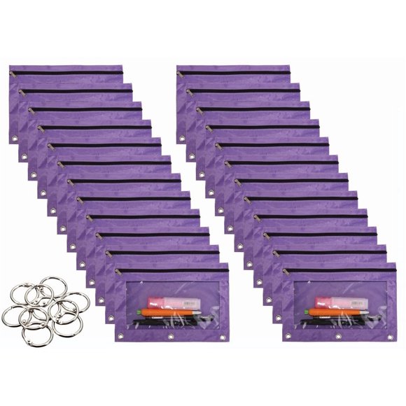 WODISON 24 Packs 3 Ring Binder Pen Pencil Case Pouch Bulk Set Stationery Bag for School Class Office Purple