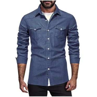 hotojiny Mens Denim Shirt Button down Long Sleeve Casual Slim Fit Shirts Jackets Fashion Wrinkle-Free Jean Tops with Pockets