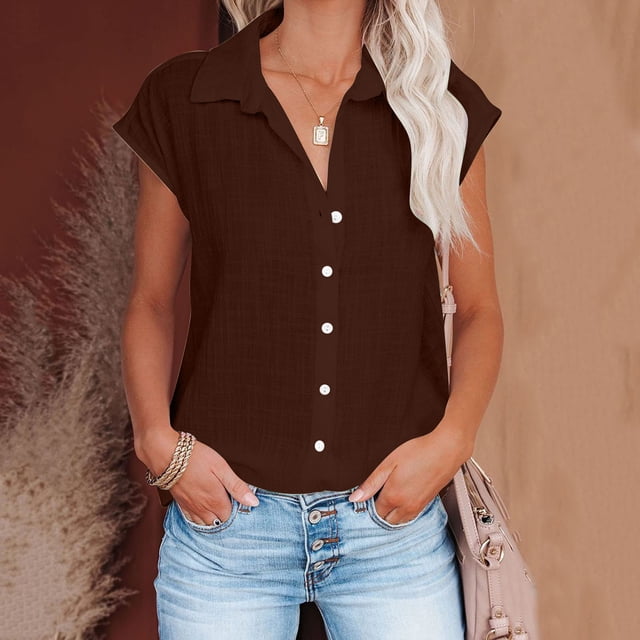asjyhkr Plus Size Womens Linen T Shirts Button down Short Sleeve Tshirt Summer Tops Loose Soft Tees
