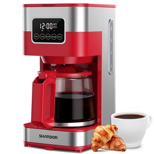 SHARDOR 10-Cup Programmable Coffee Maker, Regular & Strong Brew Drip Coffee Machine for Home and Office, Auto Shut Off, Permanent Filter (red)