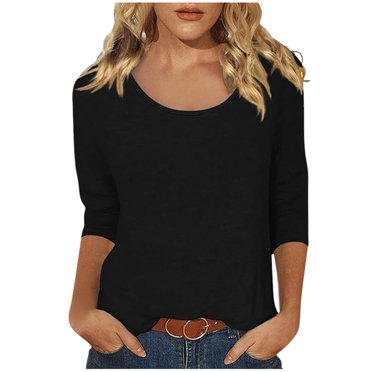 Hiiyo T-Shirt à Manches 3/4 pour Femme à Col Rond, T-Shirt Décontracté Uni, Noir G