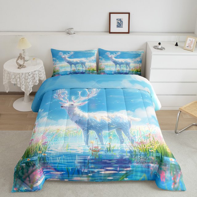 Erosebridal Ensembles de Literie Élan Cerf Complet avec Couette, Insert de Couette Ciel Bleu Lac, Décor d'Animaux Rêveurs, Réversible 3 Pcs