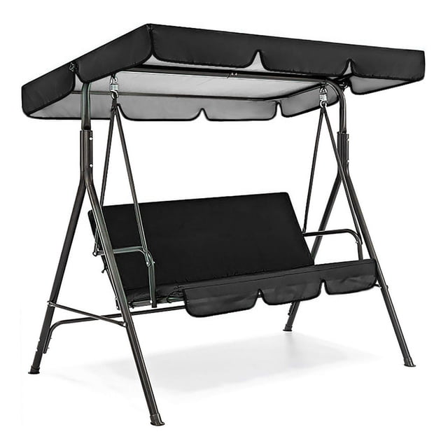 Swing Cover Set 3 Seat Swing Canopies Seat Cushion Cover Set Patio Swing Chair Black. A black replacement canopy and seat cover set for a 3-seater porch swing chair, crafted from durable 210D oxford cloth material. Waterproof and dustproof, it protects against dirt, scratches, and sunlight, making it ideal for outdoor use. Dimensions include a canopy cover of approximately 190x132x15cm and a seat cover of approximately 150x50x10cm. The swing frame is not included.