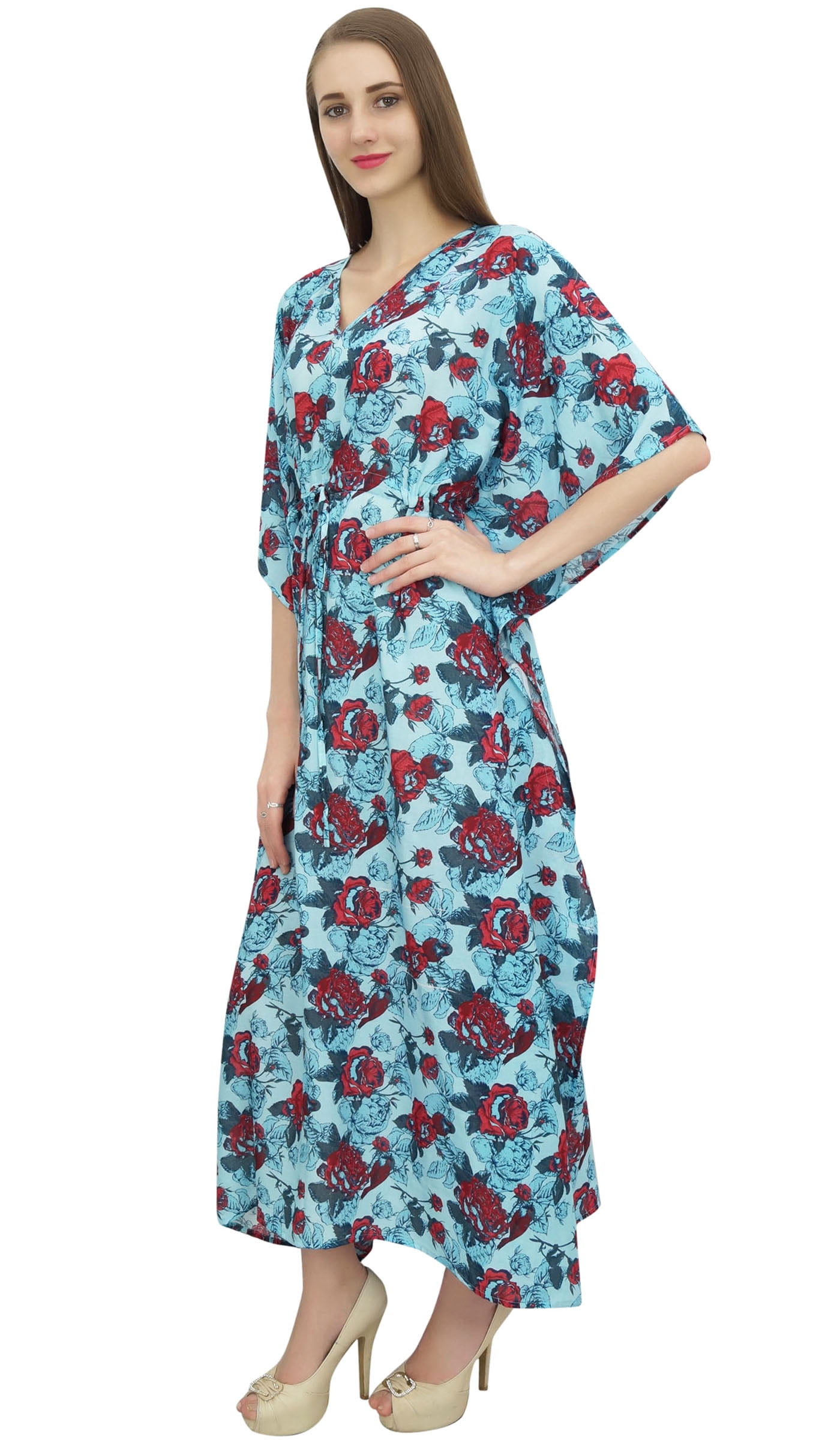 Bimba Caftan en Coton Long Kaftan Femme Robe de Nuit Kimono Bleu Couvre-Maillot Robe-20