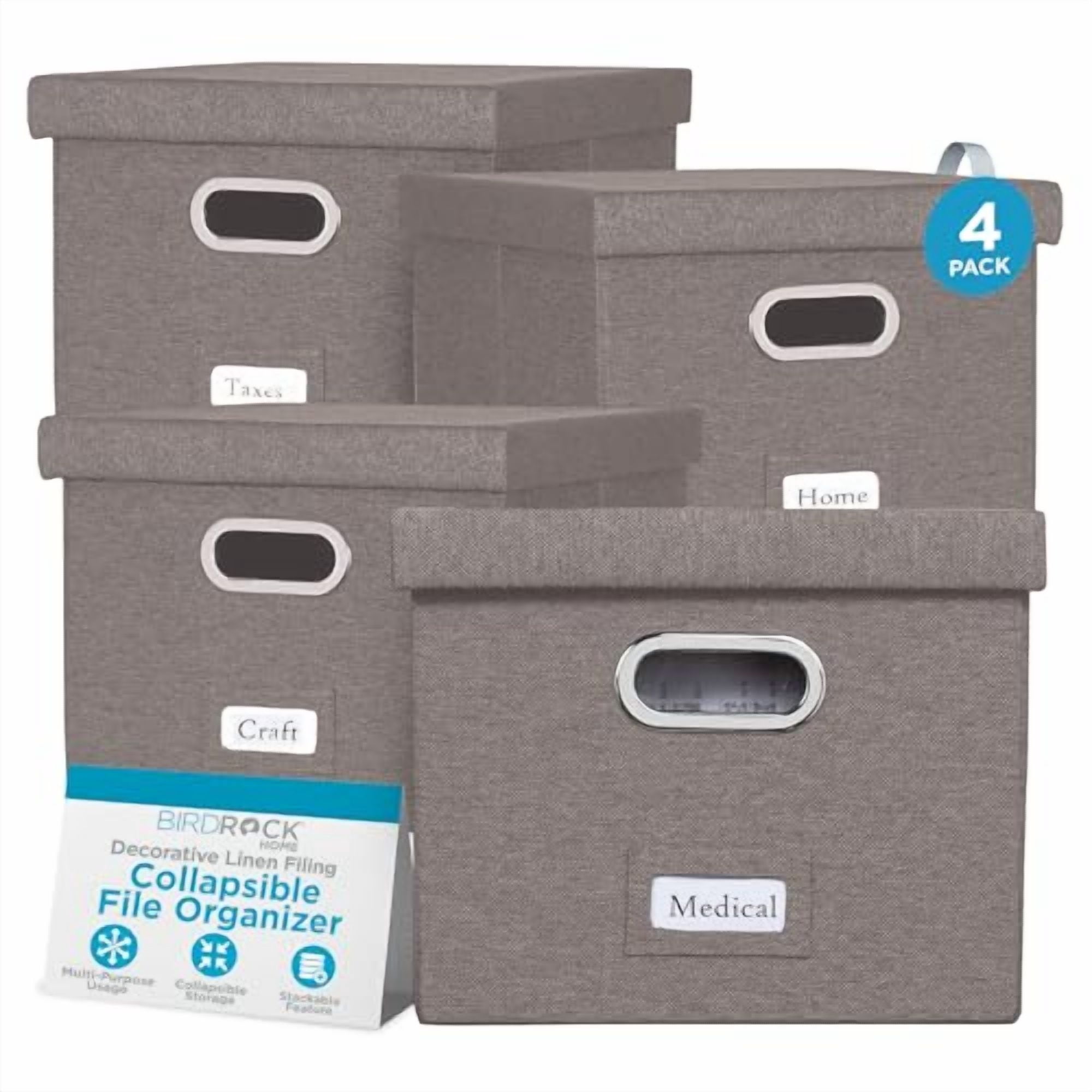 Internet's Best Collapsible File Storage Organizer with Lid - Decorative Linen Filing & Storage Office Box – Hanging Letter/Legal Folder – Home Office Bins Cabinet – Grey Container - 4 Pack