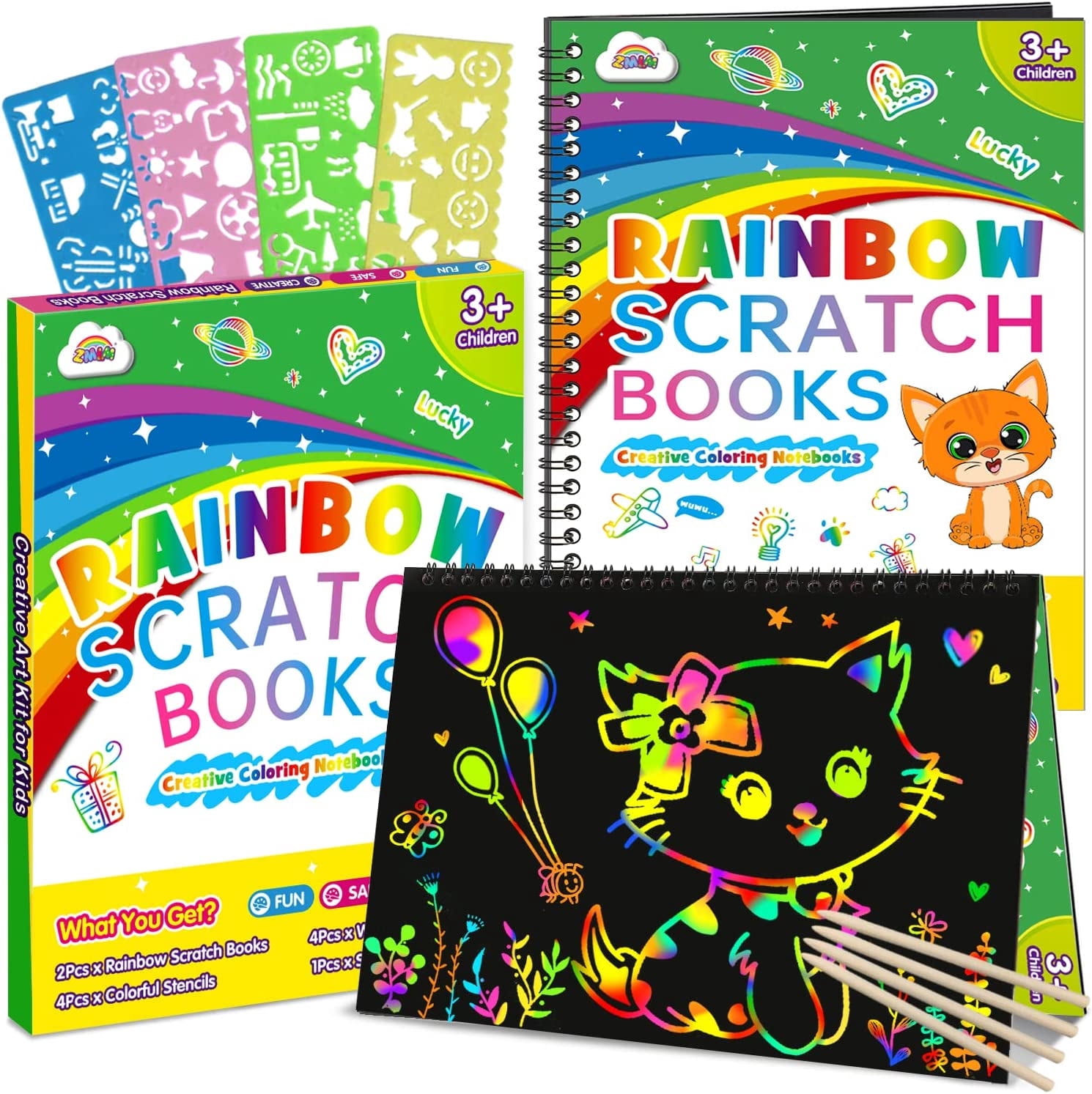 ZMLM 2Pack Rainbow Scratch Paper Notebook Magic Drawing Kit, Arts and Crafts for Kids Ages 6-8,8-12 Boys Girls Toys Gifts