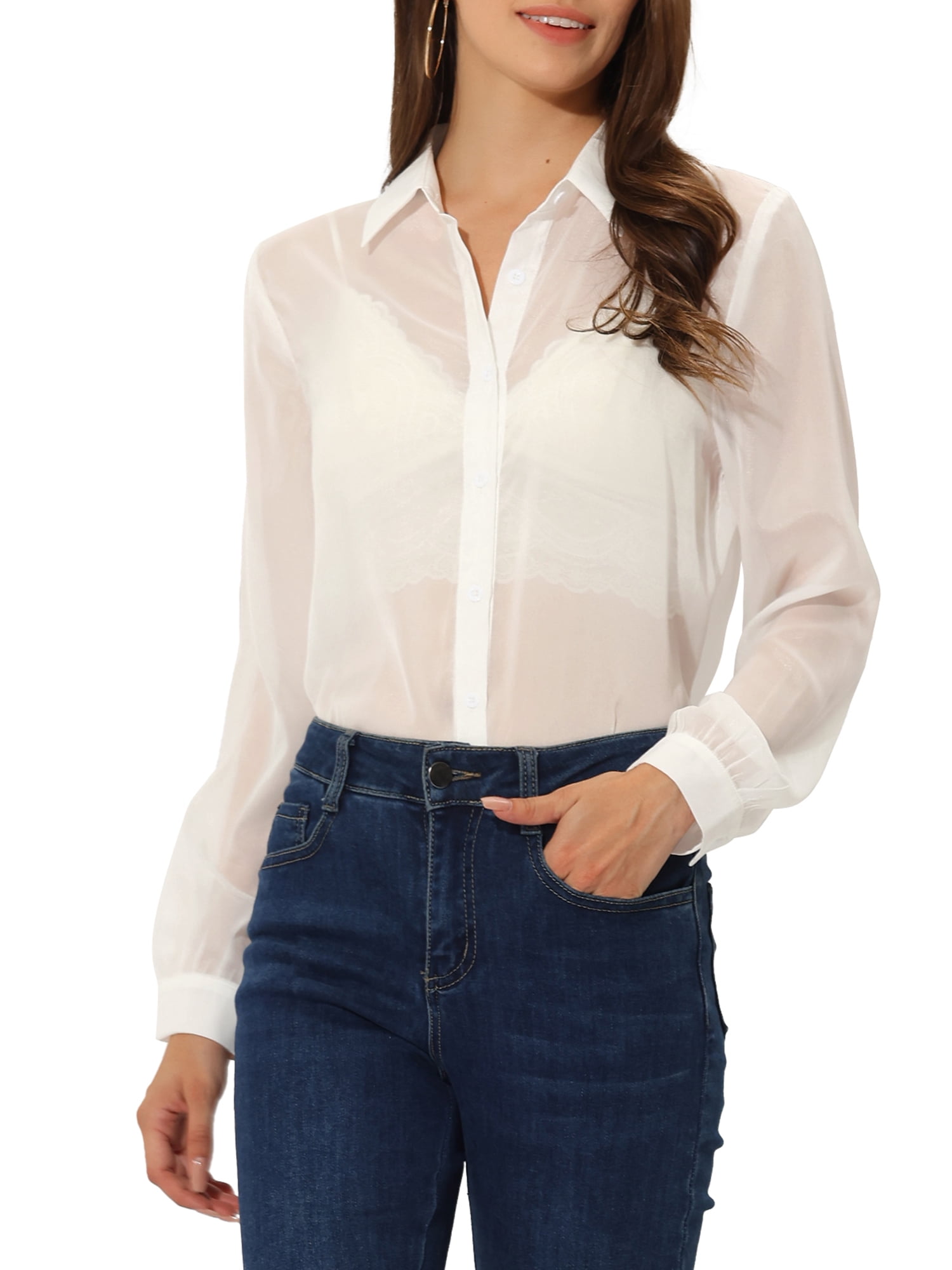 INSPIRE CHIC Chemise pour Femme en Maille Transparente à Col Pointu à Manches Longues Chemise Boutonnée S Blanc
