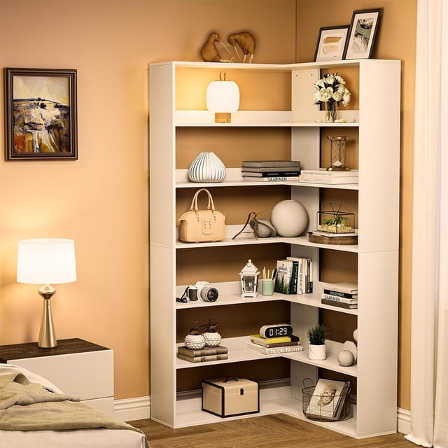 Industrial Corner Bookshelf 6-Tier | 35.2" L-Shaped Tall Bookcase for Living Room
