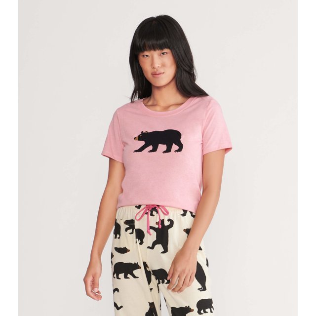 Little Blue House T-Shirt de Pyjama à Manches Courtes pour Femmes, Ours Rose