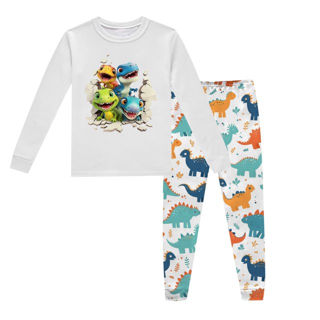 Pyjamas pour Enfants Garçons Ensemble de Pyjama Imprimé Dinosaure Col Rond Manches Longues Pantalon 2 Pcs Printemps Automne Pyjamas pour Enfants Gris Clair 8 Ans-9 Ans
