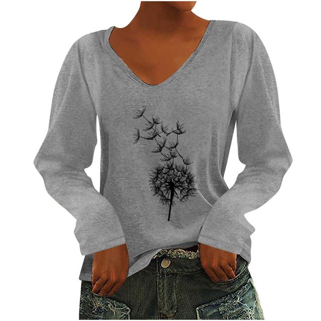 Yuyuzo Womens Basic Fall Tops V Neck Long Sleeve Dandelion Pattern Comfy Tunic Top Tees Pullover Blouse
