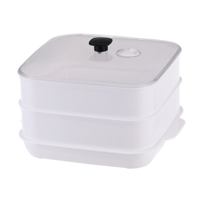 Weiweiguan Food Steamer Double Layer Kitchen Steamer Microwave Steamer Kitchen Tool with a white double-layer design, transparent lid, and black handle. Made from BPA-free PP material, it is safe for food contact and supports temperatures from -20 to 120 degrees Celsius, suitable for fridge storage and microwave heating. Perfect for steaming ramen, pasta, soup, and other foods. An electric food steamer designed for convenience in fast-paced kitchens.