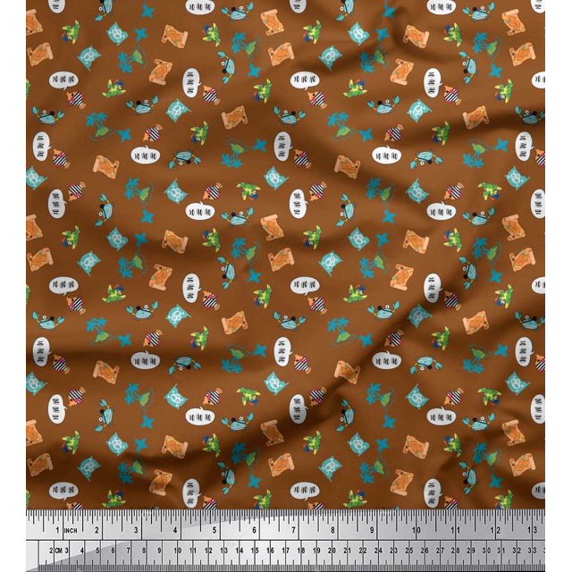 Soimoi Japan Crepe Satin Fabric Tree,Crab & Fish Ocean Decor Fabric Printed Yard 42 Inch Wide