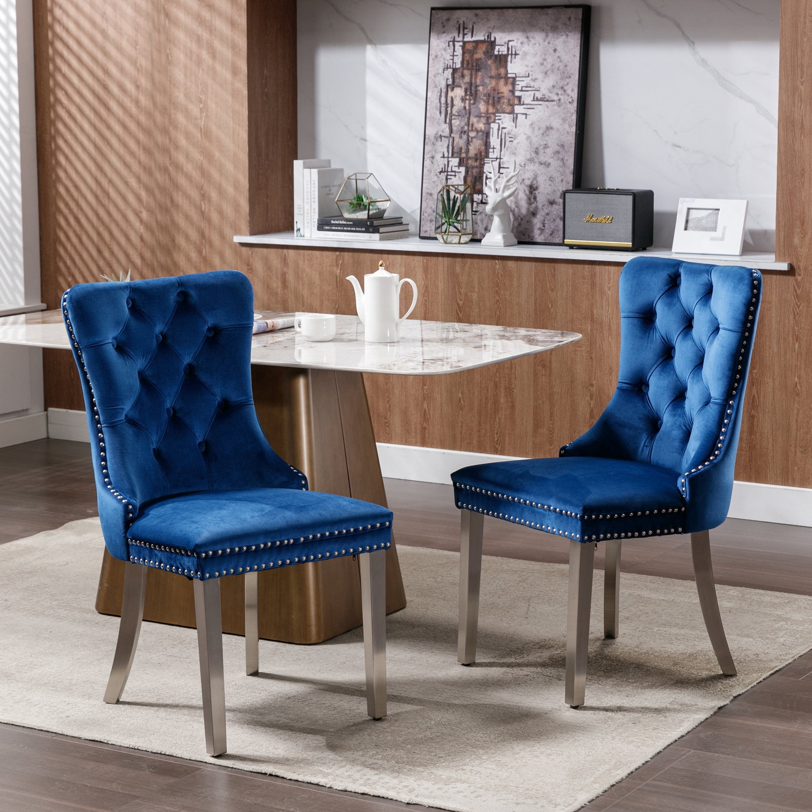 Noble House Velvet Upholstered Dining Chair Set of 2,Tufted with Siller Plated Legs & Nailhead Trim,Blue + Chrome