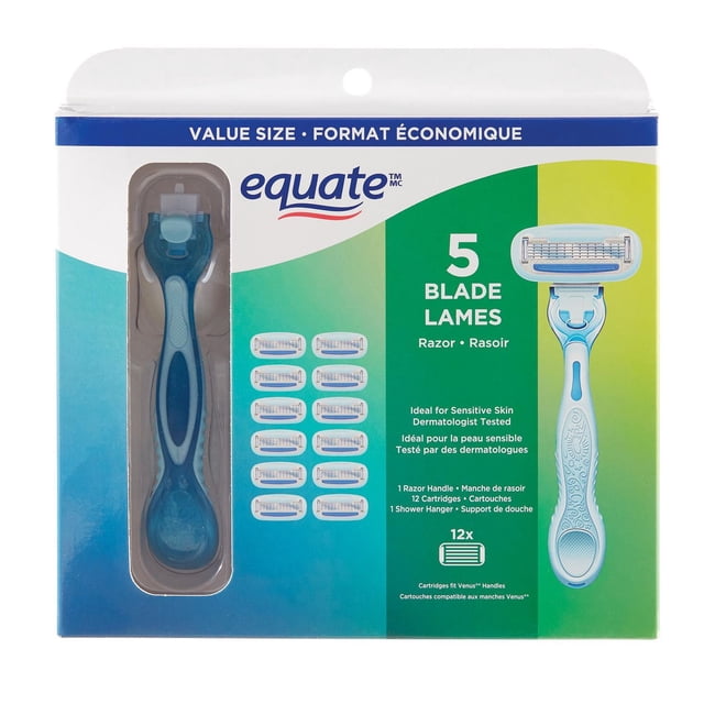 Equate 5 Blade Razor for Women, Sensitive Skin, Value Pack includes a blue contoured handle razor, 12 replacement cartridges, and a shower hanger, dermatologist tested for sensitive skin, ideal for close shaving in women's razors and hair removal care.