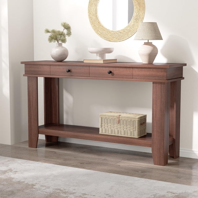 Kojooin Table Console d'Entrée de 54 Pouces avec Tiroirs, Table de Sofa en Bois avec Tablette de Rangement Ouverte, Table d'Entrée Style Ferme pour Couloir, Salon Ou Vestibule