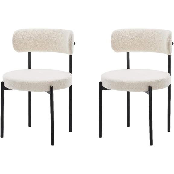 LivinVeluris Mid-Century Dining Chairs Set of 2, Modern Boucle Upholstered Kitchen Chairs with Black Metal Legs (Cream White)