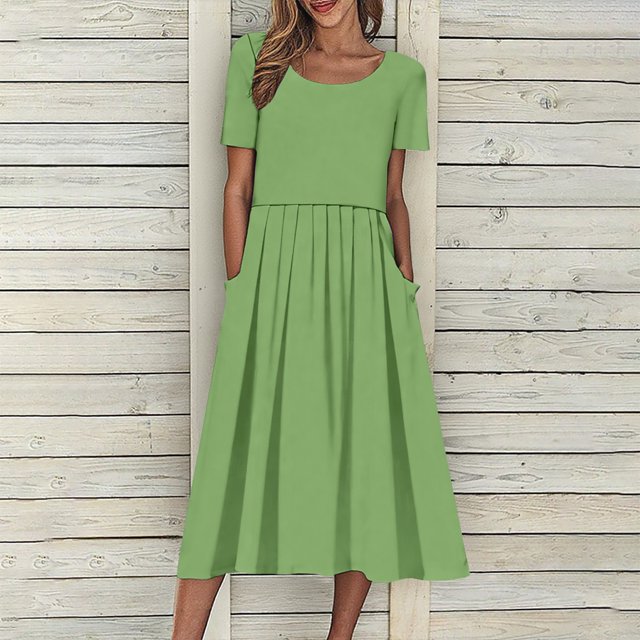 Robes d'Été pour Femmes 2025 Zeophrasy Robe de Vacances Décontractée pour Femmes, Fête, Quotidien, Plissée, Col Rond, Unie, Manches Courtes, avec Poche, Liquidation à Moins de 5