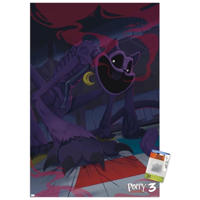 Poppy Playtime : Chapitre 3 - Affiche Murale CatNap, 22,375 Po x 34 Po Représentant un Monstre Chat Cousu Violet Foncé avec de Grandes Griffes et des Yeux Blancs Lumineux Tenant un Pendentif Lune Croissant Jaune, Positionné sur un Plancher Carrelé Multicolore avec des Effets de Fumée Rouge dans un Cadre Industriel Sombre, Convient comme art Mural pour la Déco de Chambre.
