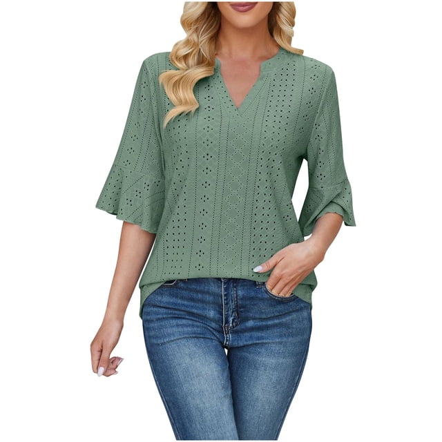 Bowake Womens V Neck Summer Tops Ruffle Half Sleeve Tee Shirts Hollow out Basic Casual Work Blouses Tunic Tops