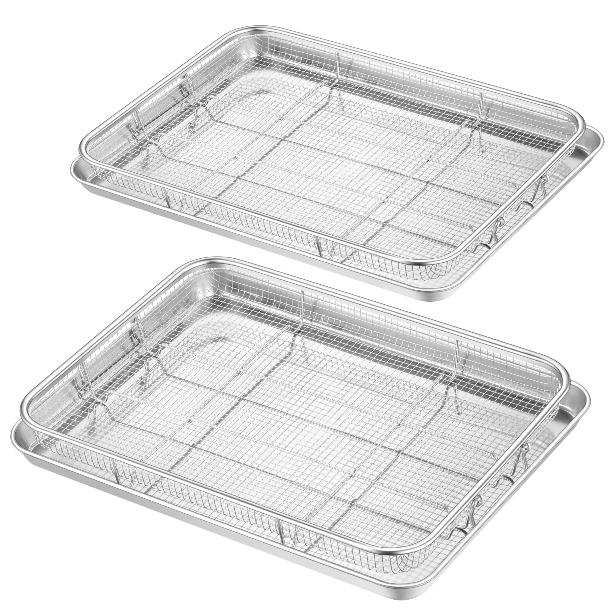 TeamFar Air Fryer Basket for Oven, 2 Set Stainless Steel Air Fryer Basket and Tray, 16x12 Oven Air Fryer Rack with Baking Pan for Cooking Baking Broiling Grilling, H