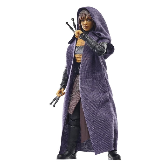 Star Wars The Black Series Mae (Assassin) Collectible Action Figure (6”) featuring a 6-inch articulated figure wearing a textured purple hooded cloak over black and brown armor, holding four knife accessories, posed on a white background, suitable for collectors of TV and movie action figures.