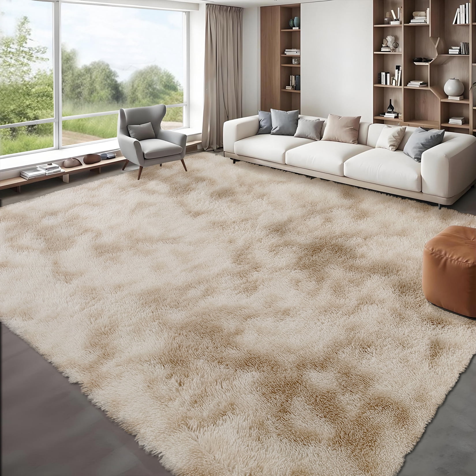 HOMERRY Fluffy Area Rug 8' x 10' Plush Fluffy Rugs Shaggy Carpet Rugs for Bedroom Living Room, Tie-dye Light Khaki