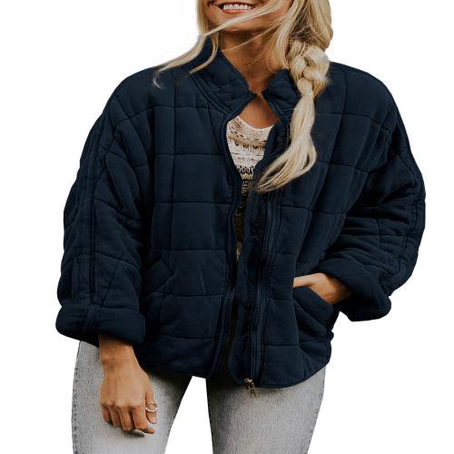 Opperiaya Women Stand Collar Long Sleeve Solid Color Full Zip Quilted Jackets