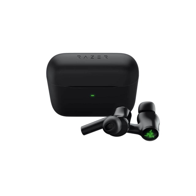 Razer Hammerhead HyperSpeed wireless gaming earbuds with matte black charging case featuring a green LED, and two glossy black earbuds with green Razer logo, designed for low latency 2.4GHz wireless, Bluetooth 5.2, and active noise cancellation.